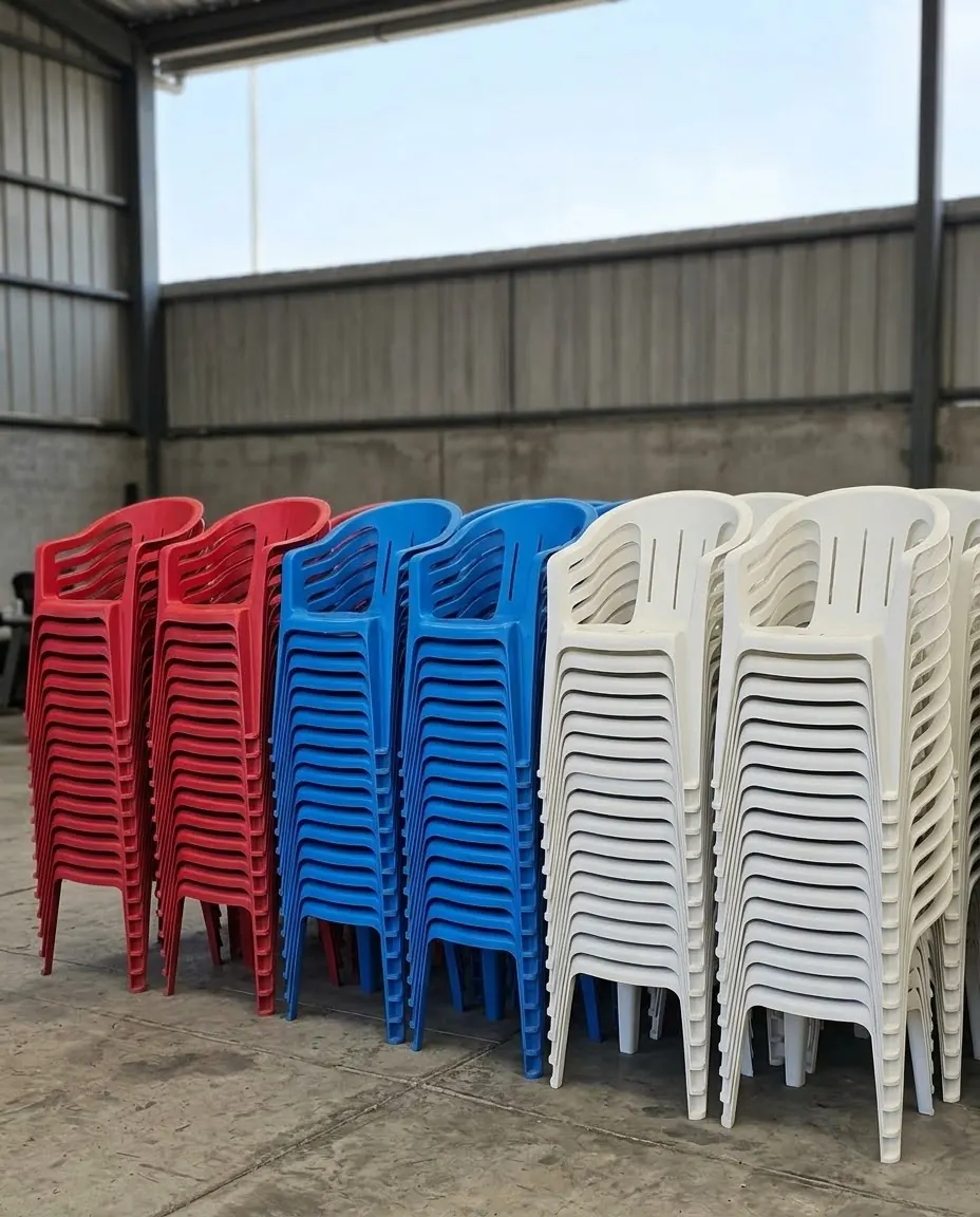 Pilas de sillas de plástico rojas, azules y blancas listas para entrega