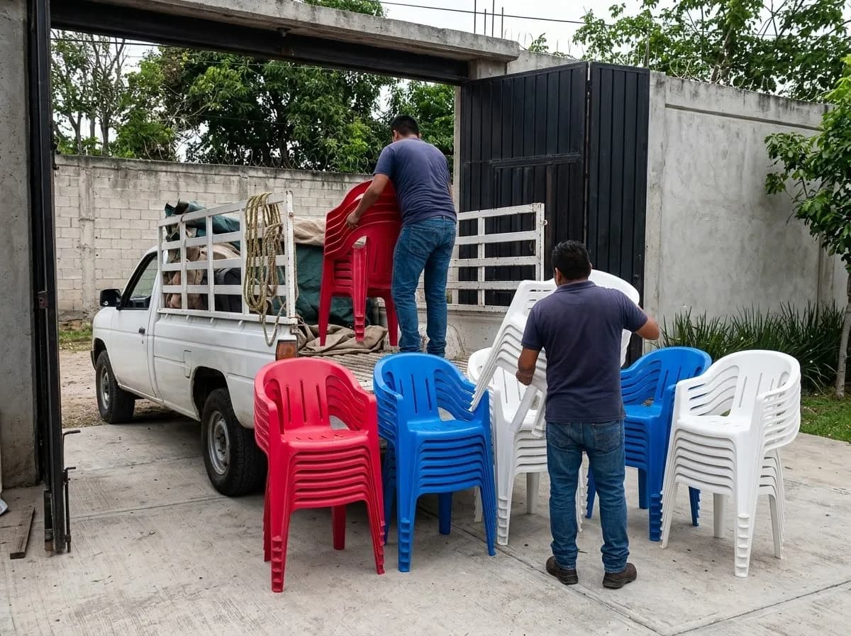 Dos trabajadores bajan pilas de sillas rojas, azules y blancas de una camioneta en la entrada de un terreno
