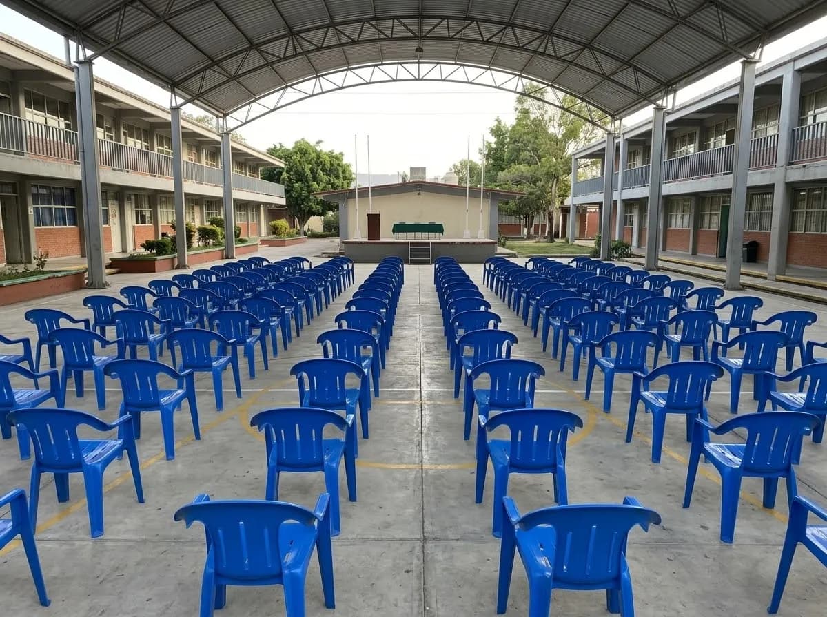 Patio techado de una escuela con filas de sillas azules frente a un templete