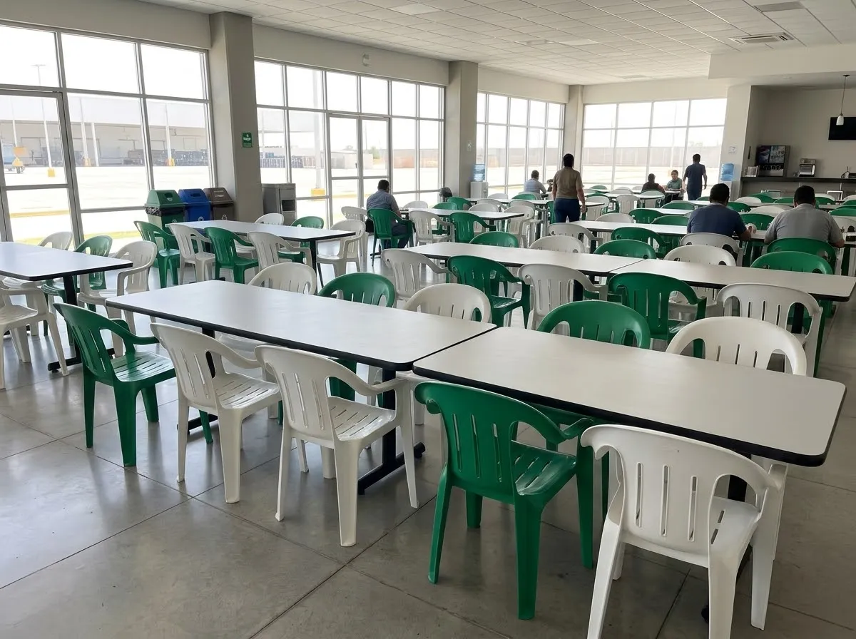 Comedor de empresa con mesas largas y sillas verdes y blancas